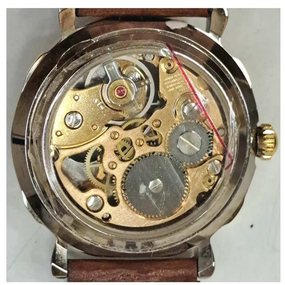 Brighton Bay Mens Mechanical Skeleton Watch Black Dial Gold Case Brown Leather